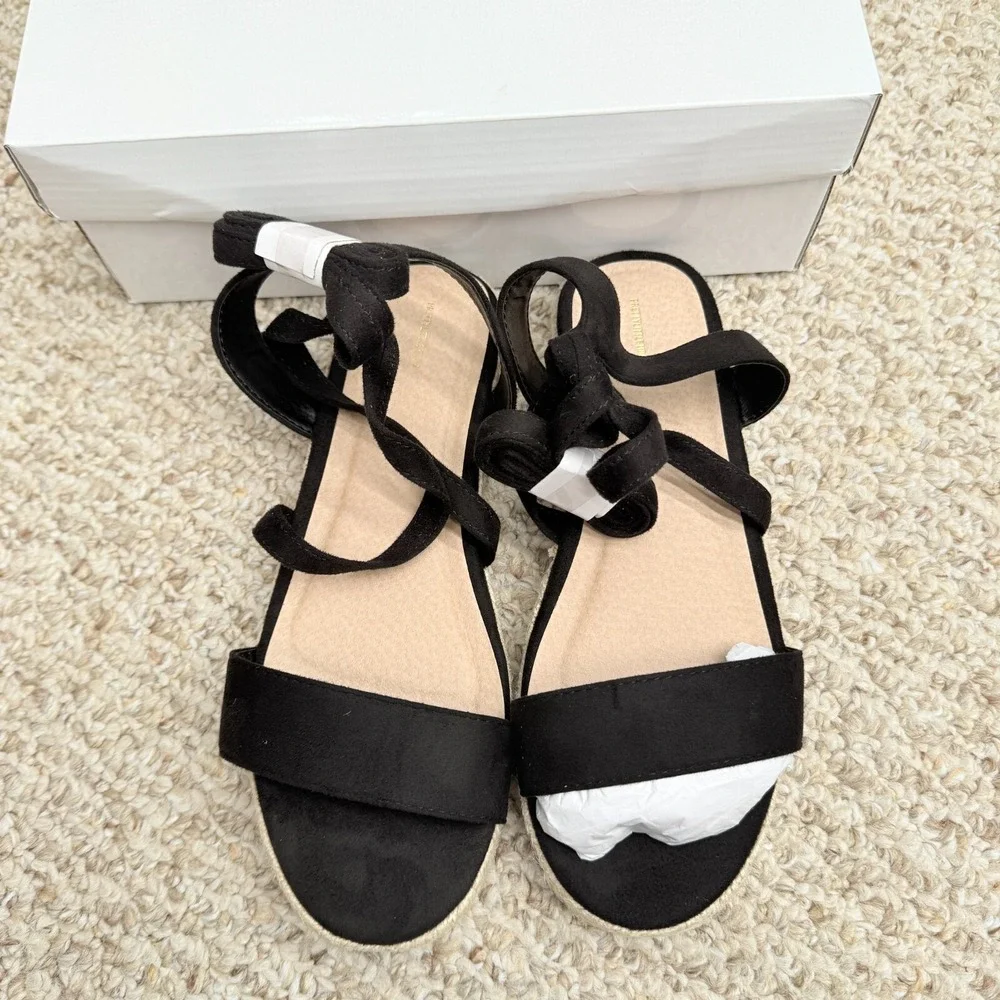 Pretty Little Thing Black‎ Lace Up Espadrille Flatform Sandals Size 7